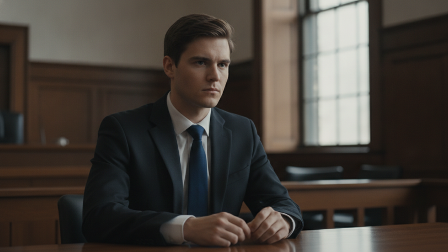 Serious young man in courtroom focusing on hate crime evidence in the Charlie Kirk case.