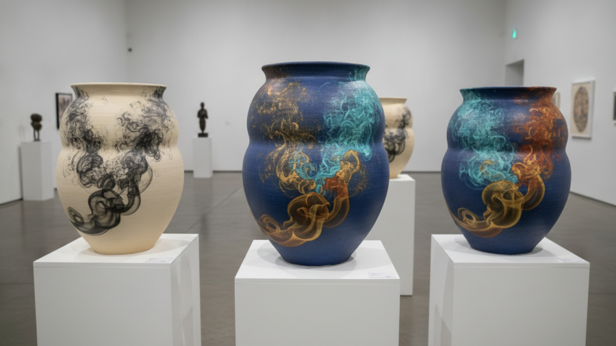 Intricate ceramic pots with unique smoke art designs, showcasing KC entrepreneurs.