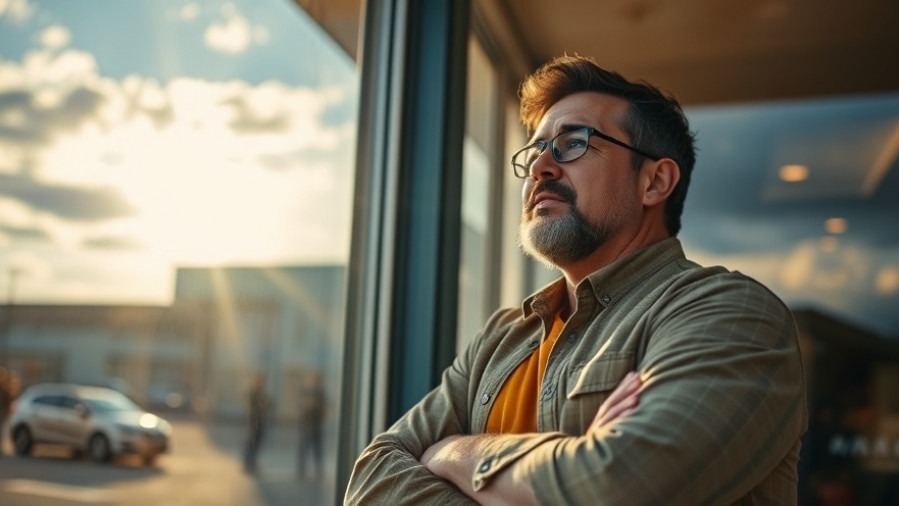 Confident local business owner in Kansas City watches a dramatic sky, embodying local living.