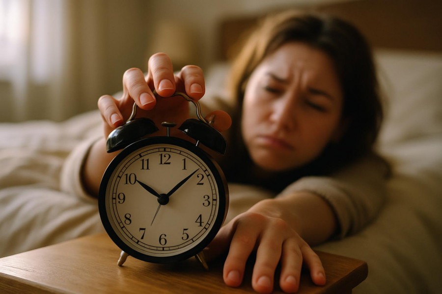 Close-up of a woman reaching for an alarm clock, exploring wake-up alarm sounds.
