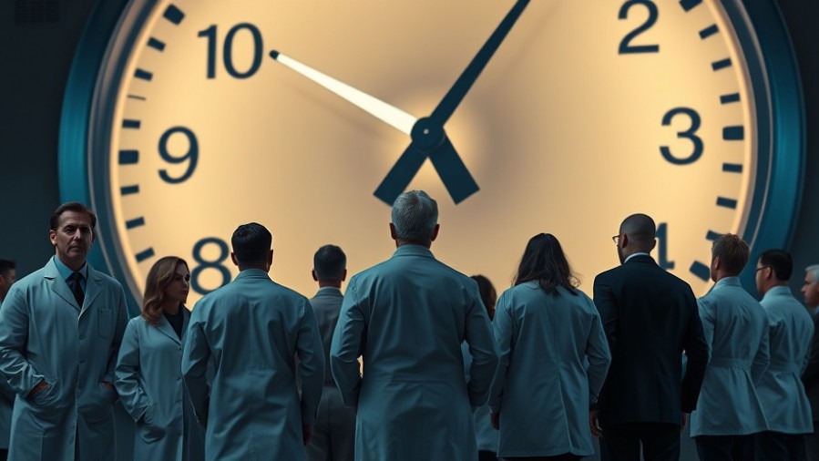Diverse scientists watch a ticking clock, reflecting nuclear threats and existential risks.
