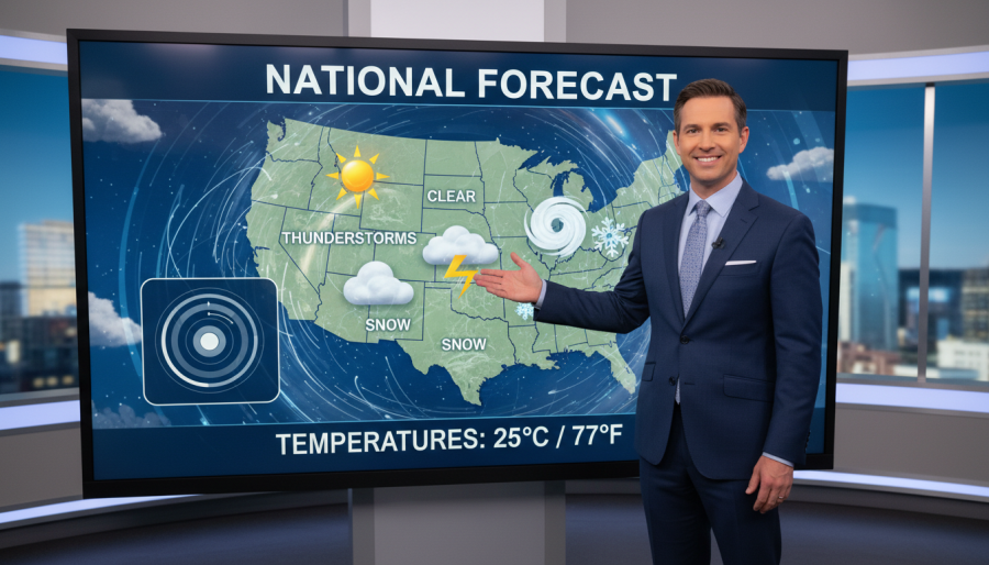 Smiling male weather presenter broadcasting Kansas City local living forecasts.
