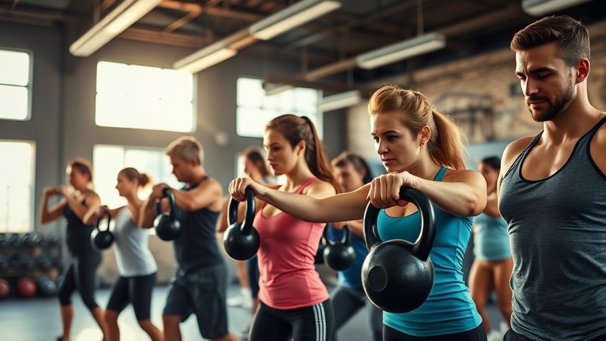 Energetic fitness motivation in a lively kettlebell class, emphasizing strength training.