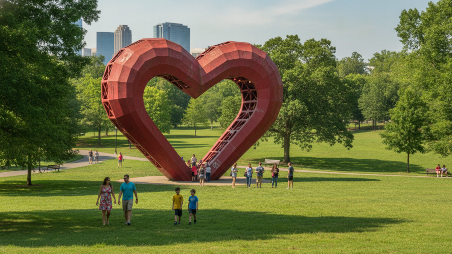 Heart sculpture in Kansas City, showcasing community engagement, soccer culture, and local businesses.