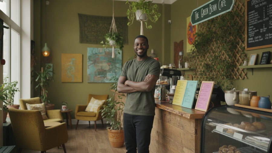 Friendly African American man at a vibrant Troost Avenue cafe highlighting the Kansas City World Cup impact.