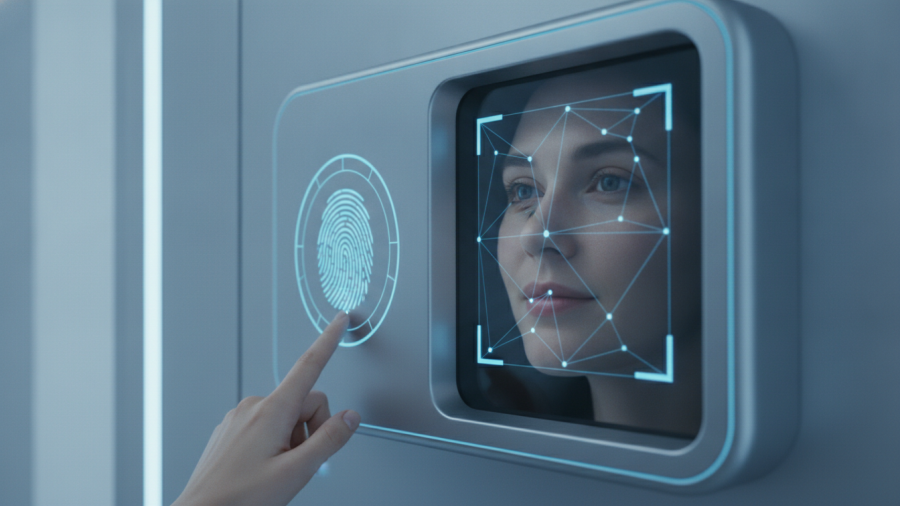 User interacting with facial recognition tech, showcasing AI content verification in a modern, digital environment.