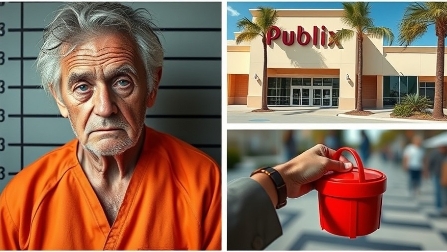 Collage portraying charity and community support initiatives: mugshot, Publix store, and donation.
