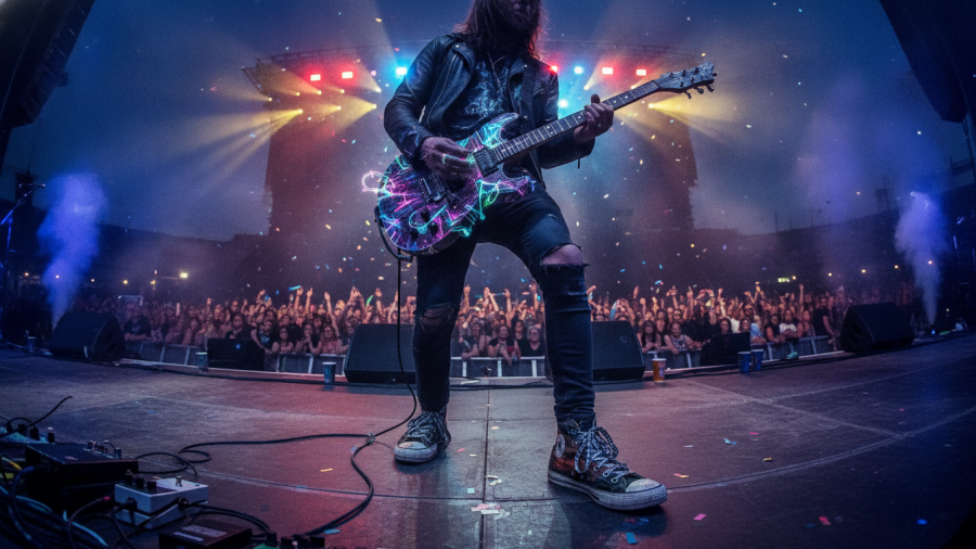 Close-up of concert sneakers with vibrant guitar art, showcasing Kansas City local boutiques.