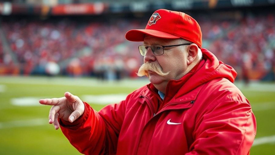 Andy Reid in a red jacket and hat, strategizing the Kansas City Chiefs depth chart.