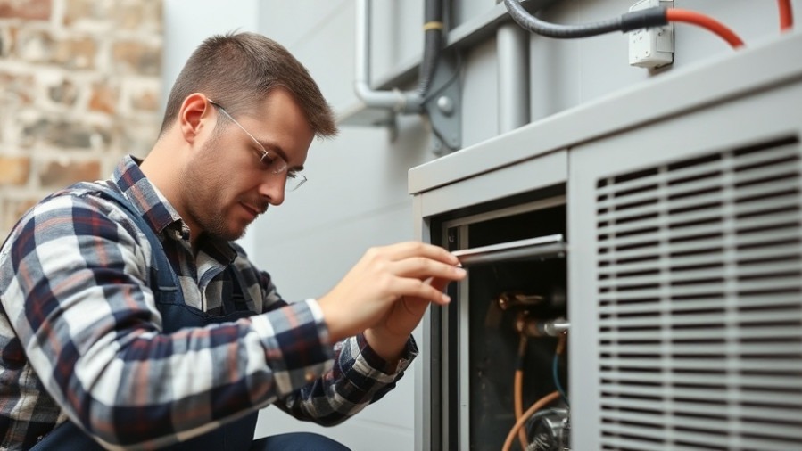 Technician performing HVAC maintenance for winter heating preparation.
