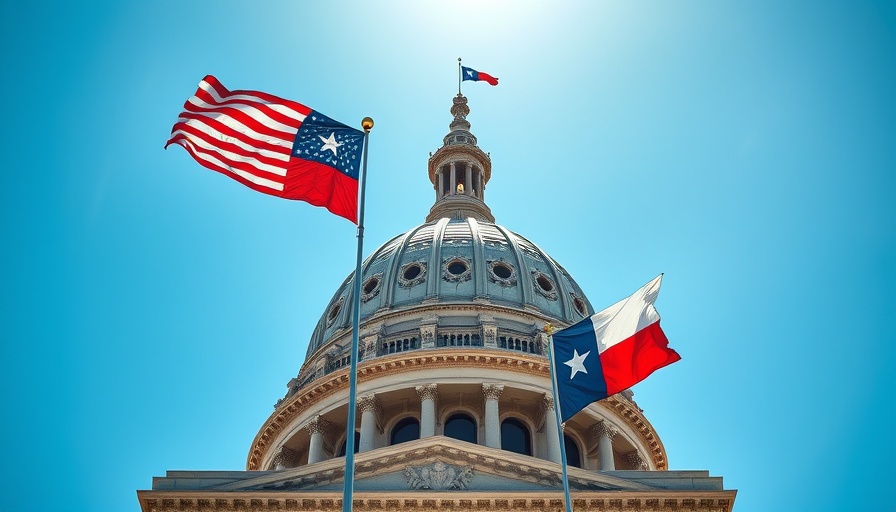 Texas State Capitol dome with flags during legislative session.