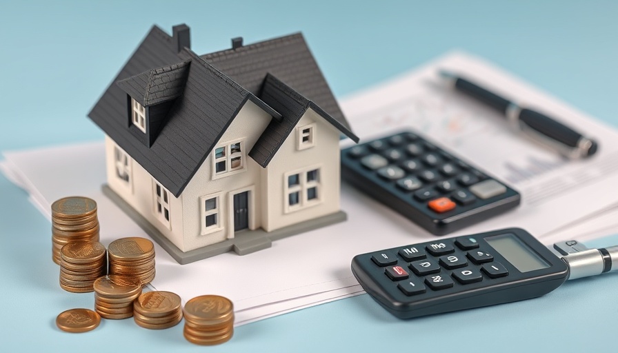 Miniature house, coins, and calculator on blue background highlighting property tax challenges.
