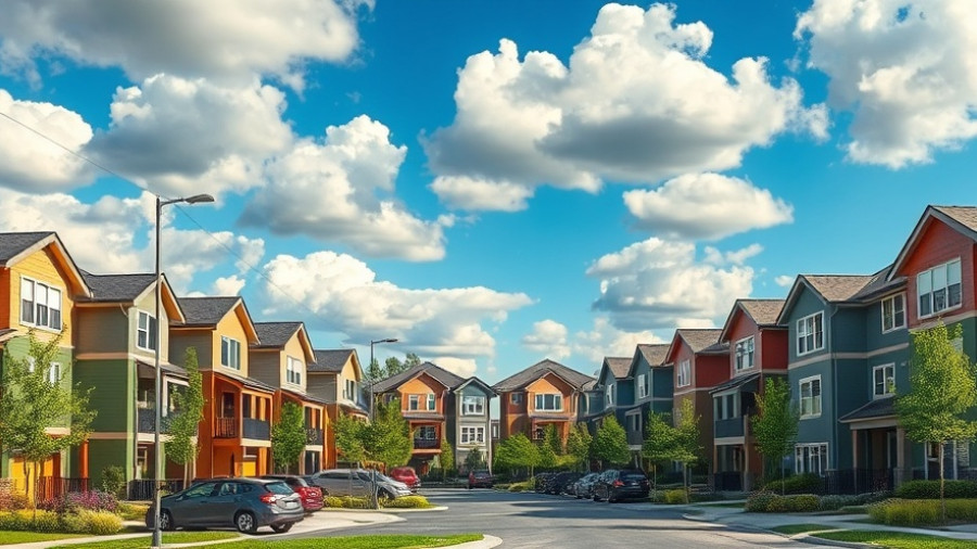 Modern housing community in Benton Harbor, vibrant colors, sunny day