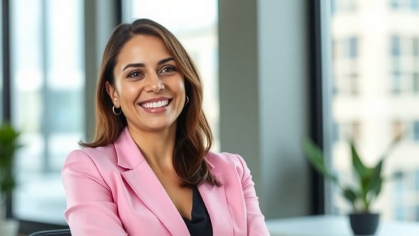 Professional woman smiling in office, look penniless in the public record.