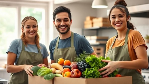 Volunteers in kitchen packing produce, starting a charity.
