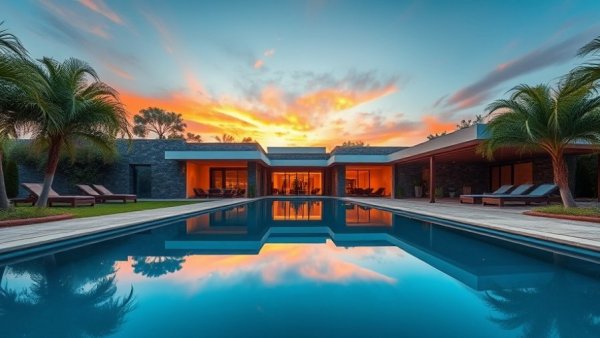 Modern villa with pool, vibrant sunset, tax benefits of short-term rentals.