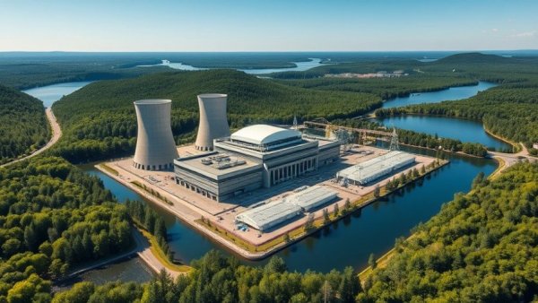 Aerial view of new nuclear reactors in Michigan facility surrounded by greenery.