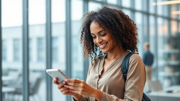 Smiling woman using smartphone in modern office. Tips and Overtime Deductions for 2025.