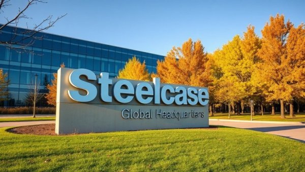 Steelcase Global Headquarters sign in autumn, highlighting merger with HNI.