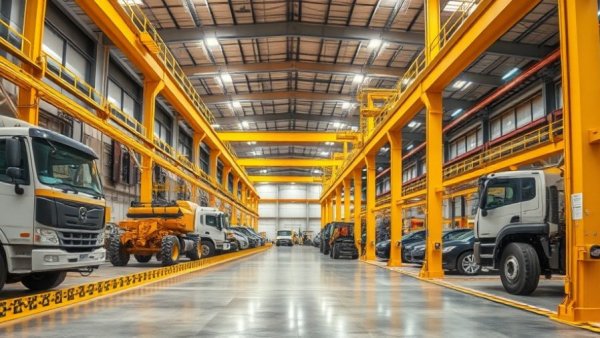 Interior of Grand Rapids Public Works Campus, large vehicles and yellow railings.