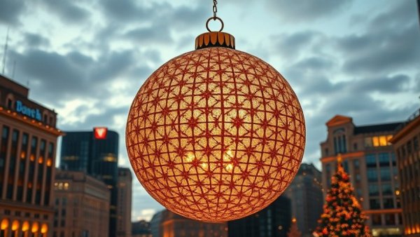 Giant glittering ornament reflecting city lights at dusk, urban skyline.