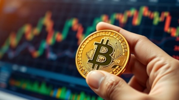 Bitcoin held against financial charts, symbolizing crypto tax rules for real estate investors.