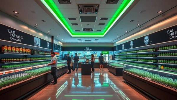 Interior of a modern cannabis dispensary showcasing Michigan cannabis industry challenges, with bright neon lights and customers.