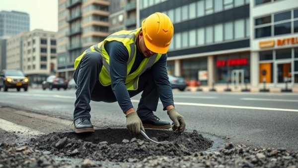 Road worker in Michigan filling potholes under cloudy sky.