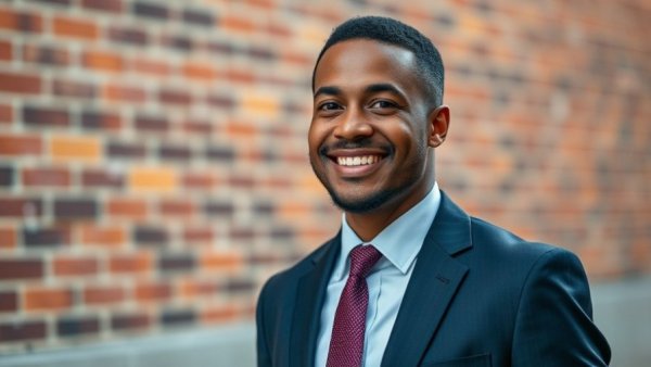 Smiling professional outdoors with brick wall background.