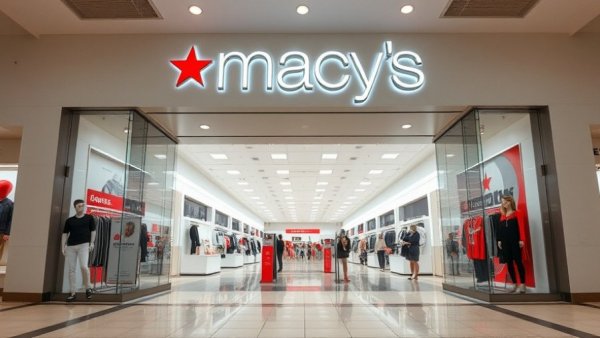 Entrance of Macy's at RiverTown Crossings before closure, featuring mannequins and clothing displays.