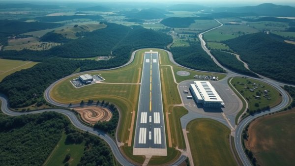 Aerial view of drone park with runways and green landscape