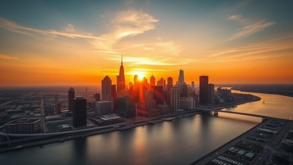Detroit skyline at sunset amid tax rate discussions.