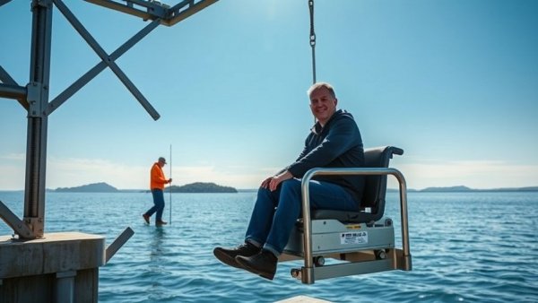 Accessible boat lift demonstration by a technician on a sunny day.
