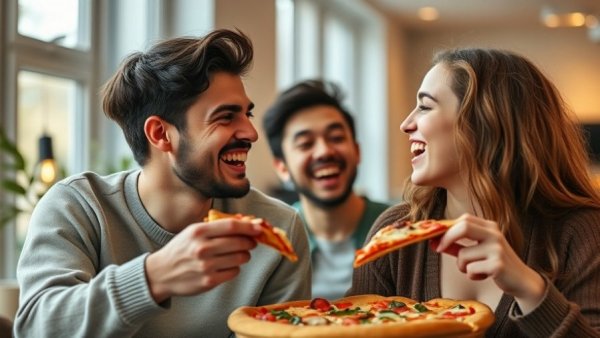 Couple enjoying pizza indoors with laughter, Venmo 1099-K context
