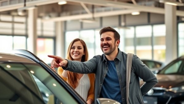 Happy couple at car dealership exploring first car with tax refund.