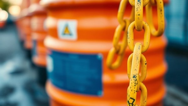 Close-up of yellow plastic chain near construction barrel.