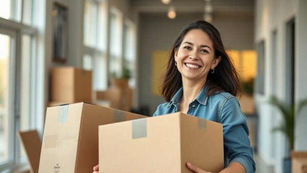 Woman moving boxes in bright interior, focusing on job relocation.