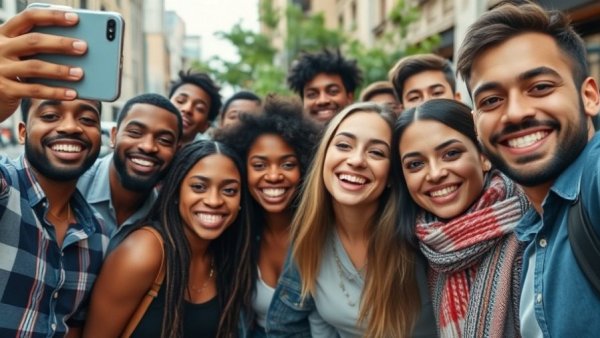 Smiling diverse group of friends taking a selfie, joyful mood.