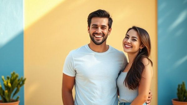 Smiling couple standing together against a colorful wall, Filing Taxes Together as a Couple.