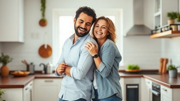 Happy couple laughing in a bright kitchen, joint accounts for couples.