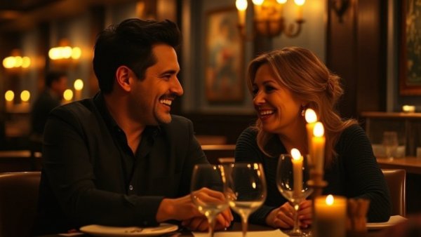 Couple enjoying a dinner conversation in a cozy, candlelit restaurant.
