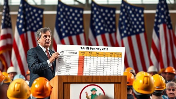 Public figure presents tariff chart against American flags backdrop during speech.