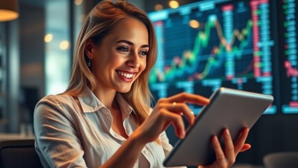 Smiling woman analyzing stock market data with graphs, related to capital gains tax on stock sales.