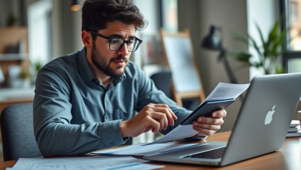 Individual calculating taxes for pass-through businesses in a modern office