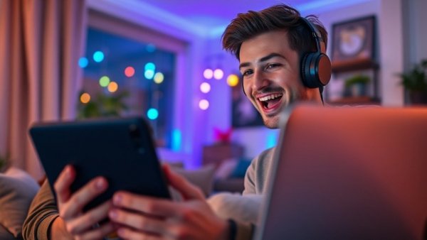 Smiling young man streaming online in a colorful room