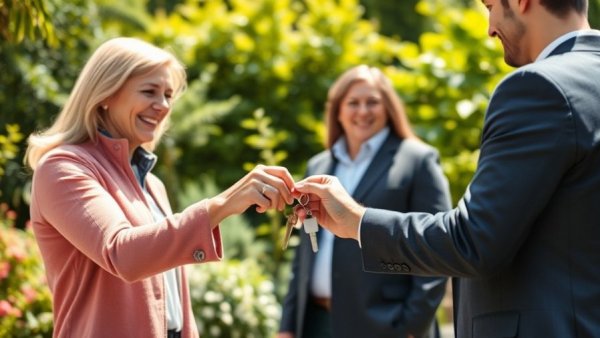 Real estate agent handing keys to couple, rental tax deductions context