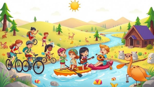 Colorful cartoon of kids at Ann Arbor summer camps engaging in activities.