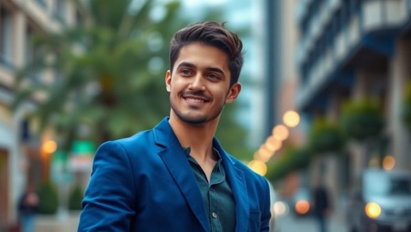 Entrepreneur in a blue blazer in a city, symbolizing success in sports media.