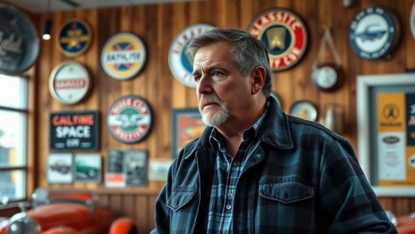 A scene from The Classic King car dealership play with focused man.