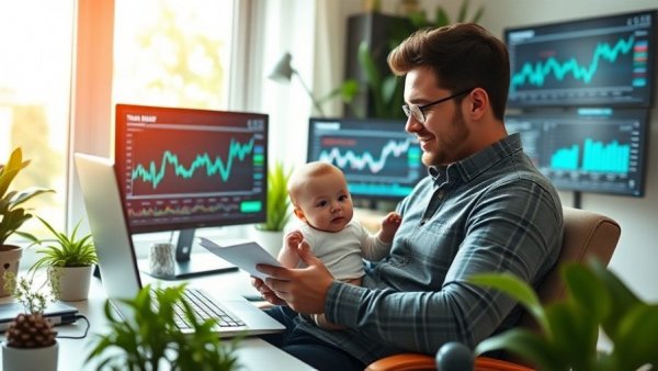 Father multitasking crypto tax reporting with baby in modern home office